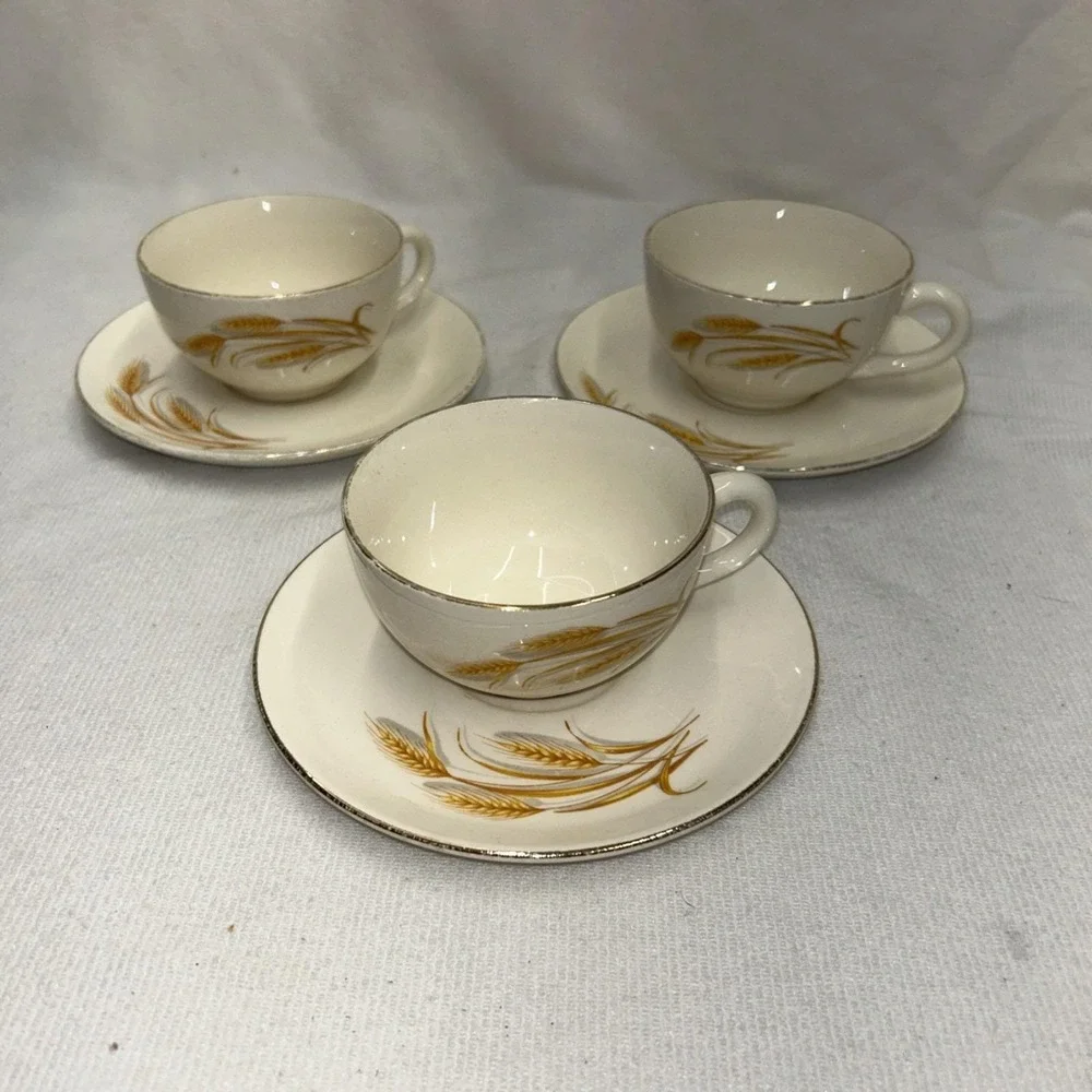 Vintage Golden Wheat Tea Cups and Saucers 22k Trim 6 Piece Set Homer Laughlin